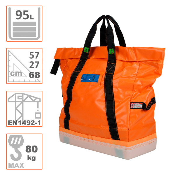 Saca de 95L certificada para 80kg de carga útil. Mide 57x27x68cm.