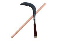 Falsón curvo con palo de madera de 120cm para poda de palmeras.