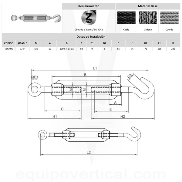 Tensor para cables M6 gancho y anilla material acero galvanizado 2
